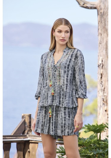 Monamise Kadın Desenli Truvakar Kollu V Yaka Alt Üst Takım 25044 Gri