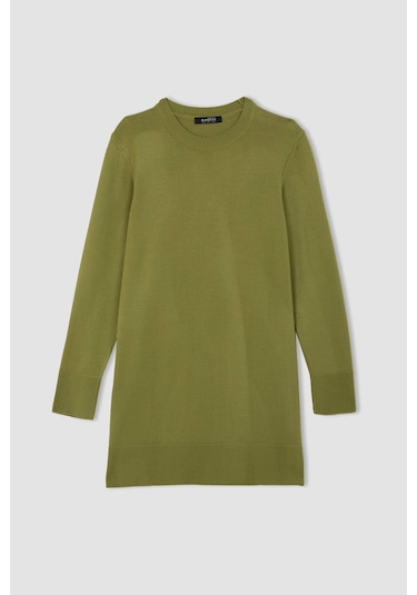 DeFacto Regular Fit Bisiklet Yaka Yırtmaçlı Basic Düz Triko Kazak Tunik H3431AZ24AUKH353 Haki