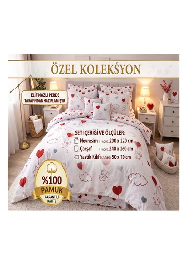 Çift Kişilik Nevresim Takımı- %100 Pamuk-kalp Desenli Beyaz - Kırmızı