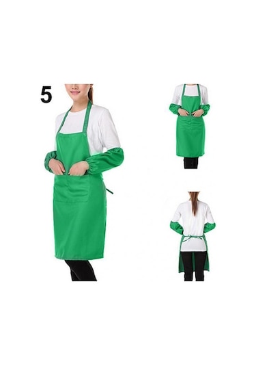 Yeşil Unisex Basit Saf Renk Mutfak Restoran Önlüğü Cepli Pişirme Önlüğü