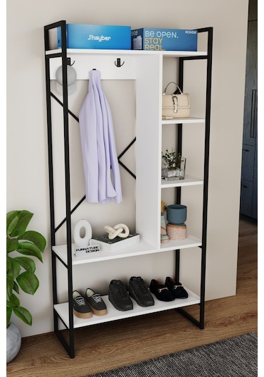 Aria Vestiyer Dekoratif Askılık Portmanto Çok Amaçlı Raf Beyaz