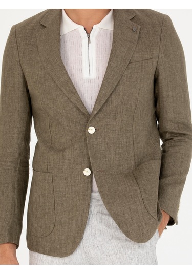 Cacharel Haki Slim Fit %100 Keten Ceket Yesıl