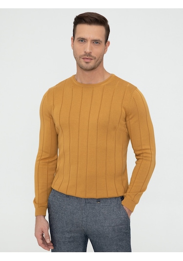 Cacharel Hardal Slim Fit Bisiklet Yaka Triko Kazak Sarı