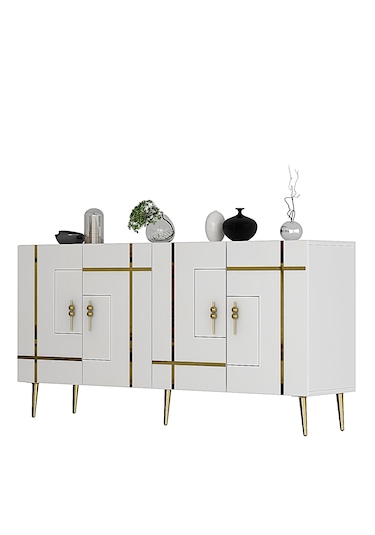 Honest Konsol Tv Sehpası Çok Amaçlı Dolap 150 Cm Beyaz Altın