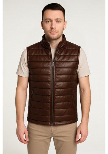 Derije Ramos Hakiki Deri Erkek Kahverengi Şişme Yelek