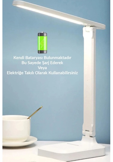 Şarjlı Masa Lambası - 3 Renk Dokunmatik Telefon Standlı 9w Led 800 Lümen Usb Şarjlı Beyaz