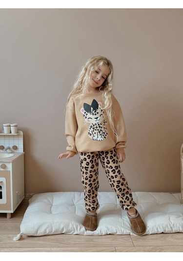 Kız Çocuk Kedi Desenli Leopar Modelli 3 İplik Takım Bej