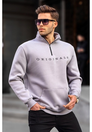 Madmext Boyalı Gri Fermuar Yaka Nakışlı Sweatshirt 6028 Boyalı Gri