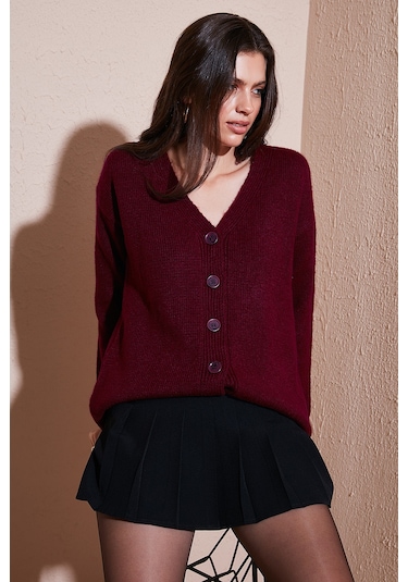 Lela Regular Fit V Yaka Düğmeli Triko Bayan Hırka 4616229 Bordo