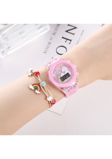 Padalink Unicorn Desenli Işıklı Silikon Saat Ve Bilezik Seti 2 Adet - Gece Görünür Elektronik Kol Saati, Kadın Erkek İçin Moda Aksesuarı, Pembe Kutuda Diğer