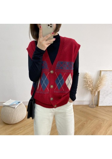 Moda V Yaka Örme Yelek Kadın Sonbahar Yeni Gevşek Montaj Vintage Hırka Kolsuz Üst Kırmızı