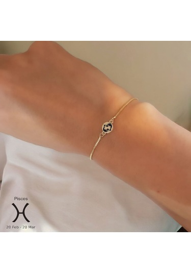 Archin Balık Burçları İçin 14 Ayar Altın Plakalı Yuvarlak Motifli Zincirli Hediye Bileklik-417burç Balık