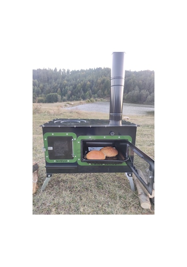 Yeşil Çadır Sobası Kuzineli Fırınlı Taşınabilir Kamp Sobası Yeşil