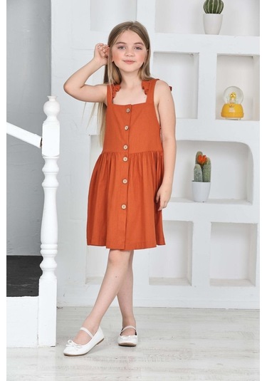 Kız Çocuk %100 Pamuk Keten Elbise 12197 Kiremit