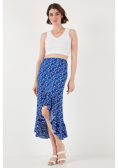Lela Çiçek Desenli Regular Fit Volanlı Yüksek Bel Midi Boy Yırtmaçlı Bayan Etek 5869012 Saks