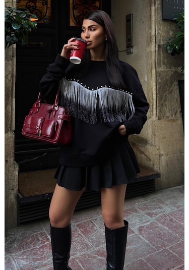 WeShaya Kadın Siyah Pamuk Uzun Kol Sweatshirt Siyah