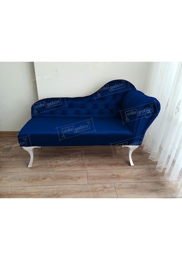 Ters Kol Dekoratif Bihter Koltuk Josefin Puf 120 Cm Beyaz Ayak Lacivert