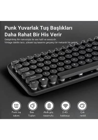 Coofbe 105 Retro Tuşlu 2.4gh Kablosuz Bluetooth Klavye Mouse Seti Retro Kablosuz Klavye Mouse Set
