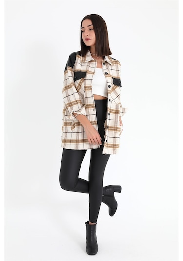 Deri Garnili Ekose Cepli Gömlek - Vizon-vizon Vizon