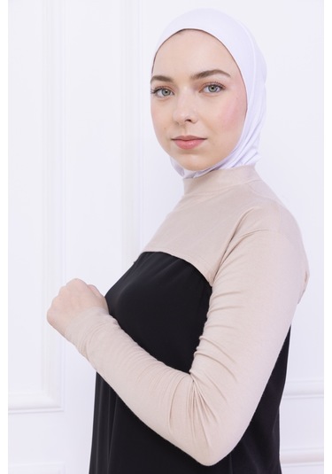 Balıkçı Yaka Boyunluklu Kolluk Bej - Likralı Dik Yakalı Kadın Body Tesettür Crop Bolero Bej