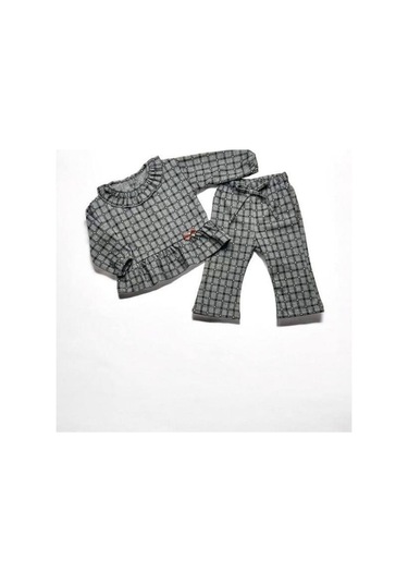 Kız Bebek Kareli Bebek Yaka Örme Pantolonlu Takım-14882 Gri