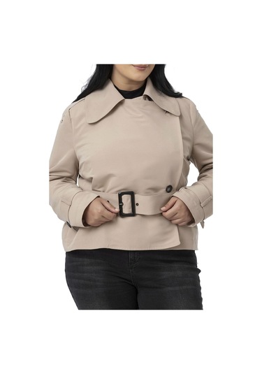 Büyük Beden Mono Yaka Kemerli Astarlı Kısa Bej Rengi Trençkot Bej