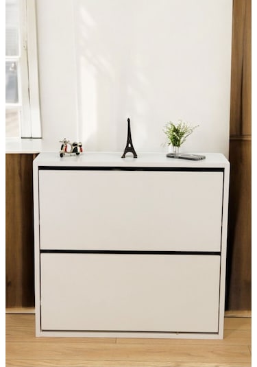 Düşer Kapaklı Ayakkabılık 4 Bölmeli 2 Kapaklı Kayar Raflı Dolap Beyaz