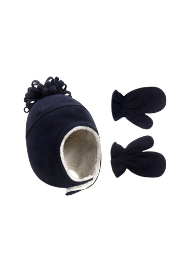 Petityu Lacivert Polar Yumuşacık Sıcacık Çocuk Bere Eldiven Set Lacivert