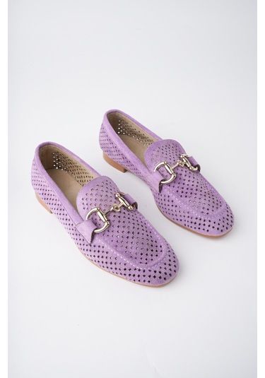 Muggo Phuket Garantili Metal Tokalı Lazerli Nefes Alabilen Deri Kadın Loafer Günlük Ayakkabı Mor