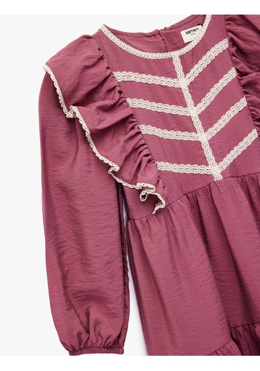 Koton Uzun Kollu Bisiklet Yaka Volanlı Viskon Elbise Bordo 6wkg80032aw Bordo