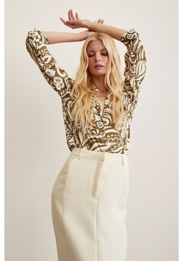 Never More Çiçek Desenli Gömlek Haki