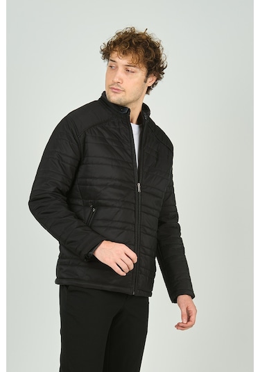 Lucas Erkek Dik Yaka Deri Biyeli Kapitone Mont 4706 Siyah Siyah