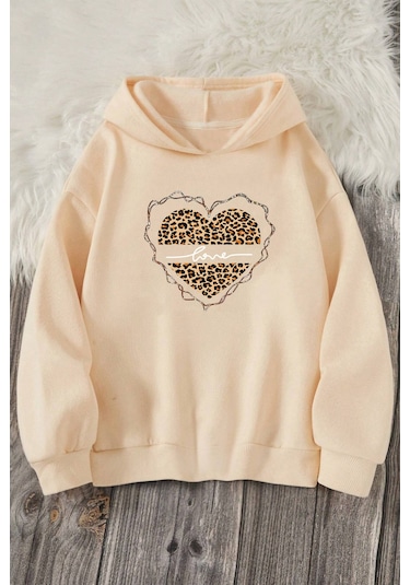 Kalp Baskılı Erkek - Kız Çocuk Rahat Kalıp Sweatshirt Bej