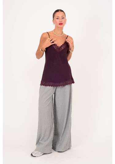 Dantel Detaylı Askılı Keten Bluz-10386 Mürdüm