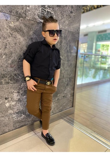 Modavals Erkek Çocuk 3 Parça Gabardin Pantolon & Gömlek & Kemer Kombin-siyah-745236981 Taba