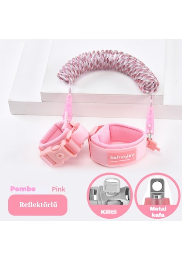 Babyplay Çocuklar İçin Kaybolma Önleyici Bileklik 2 Metre- Reflektörlü, Anahtarlıklı, Sağlam, Güvenli Tasarım Pembe