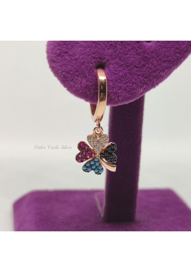 Renkli Yonca Gümüş Halka Küpe - Rose Bakır Beyaz