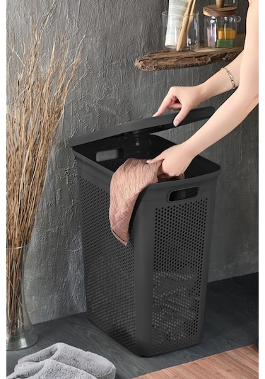İronika Slim İki Bölmeli Kapaklı Dekoratif Kirli Çamaşır Sepeti 90 Litre Siyah - Beyaz Siyah
