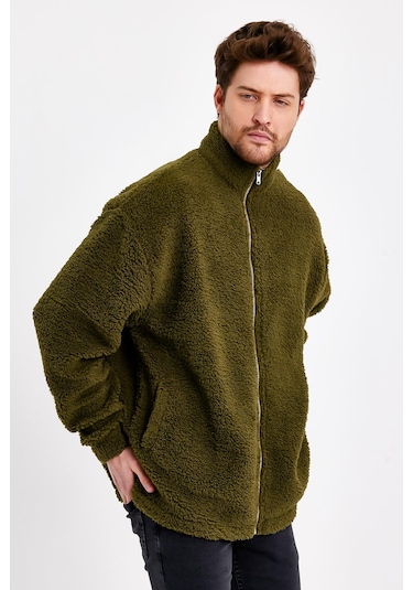 JAHR MARC Fermuarlı Oversize Yeşil Peluş Ceket - M Yeşil