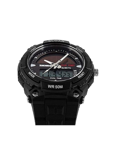 Erkekler Güneş Enerjili Sıradan Kuvars İzle Dijital Ve Analog Çok Fonksiyonlu Spor Saati Siyah Siyah