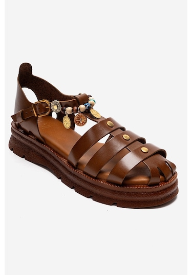 Luvishoes Solıs Taba Hakiki Deri Boncuklu Kadın Sandalet