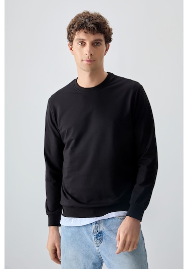 Tommy Life Siyah Pamuk Yumuşak Dokulu Standart Fit Basic Erkek Sweatshirt - 88363 Siyah