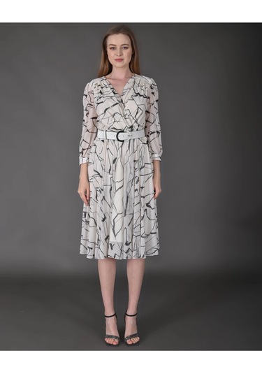 Modatalika Kadın Midi Boy Desenli Truvakar Kol Kemer Detaylı Yeni Sezon Elbise Ekru
