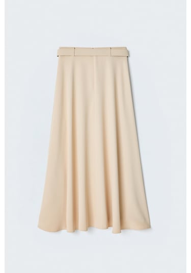 Sateen Kemerli Yırtmaç Detaylı Kloş Etek - Bej-137416