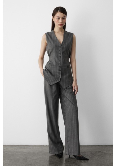 Antrasit Çok Düğmeli Çizgili Premium Takım Antrasit