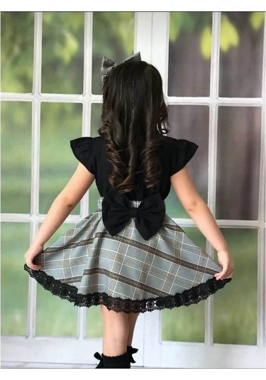 Kız Çocuk Broşlu Fiyonk Detaylı Ekose Etekli Takım Çok Renkli