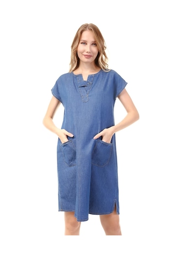 Luvmabelly Myra5020 - Hamile Elbisesi Kot V Yaka - Mavi-mavi