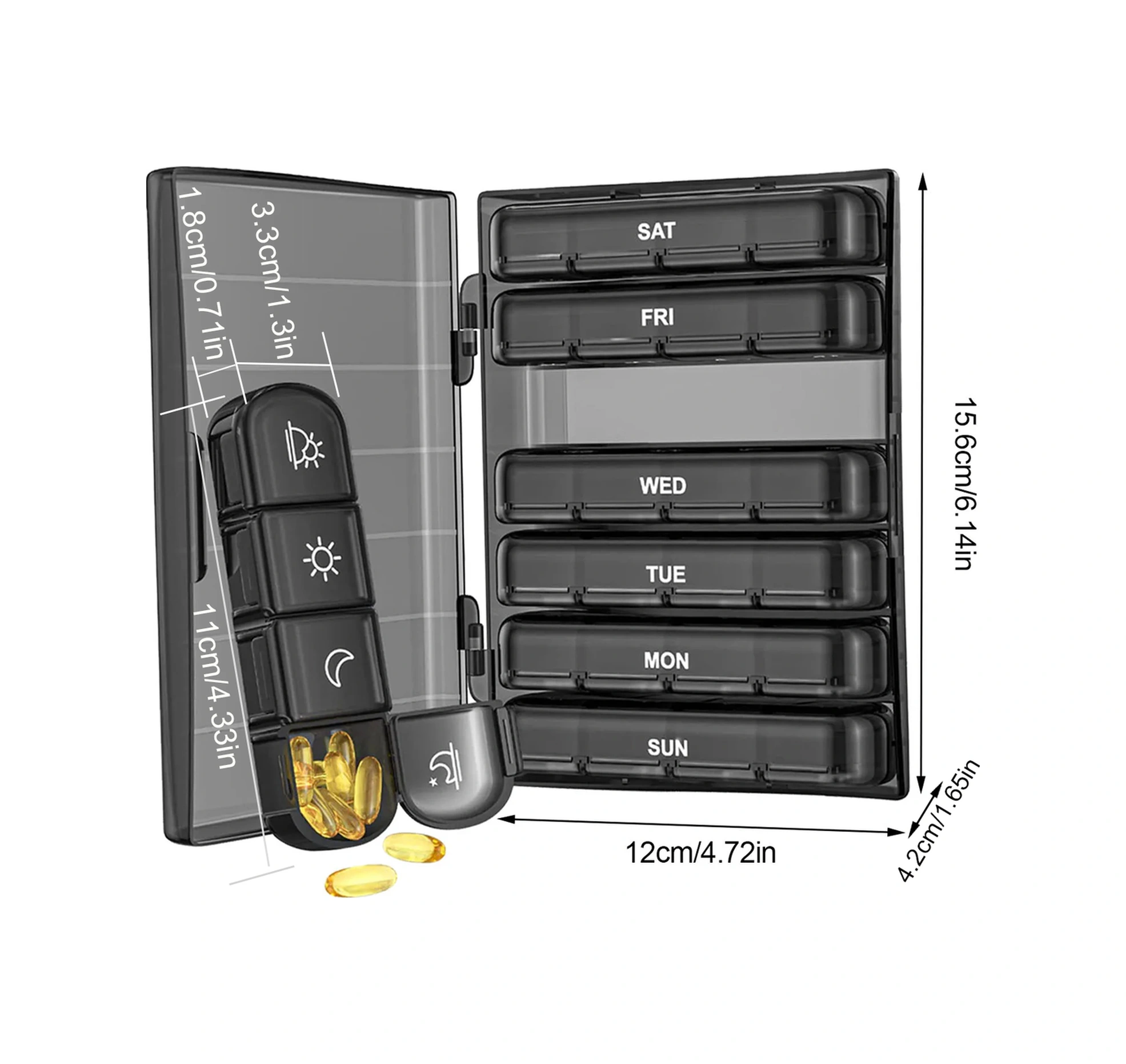 Kosona 7 Günlük 28 Bölmeli Sağlık İlaç Kutusu - Taşınabilir Abs+pp Malzeme İlaç Organizerı Siyah Siyah
