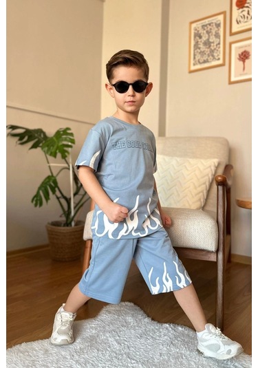 Yeni Sezon Alev Desenli Mavi Renk Erkek Çocuk Şortlu Takım Mavi