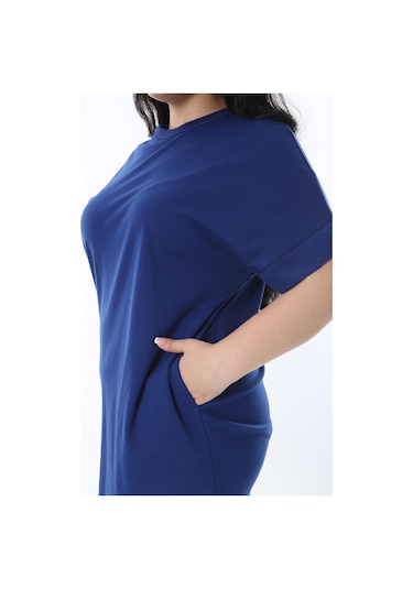 Kadın Büyük Beden Saks Yan Yırtmaçlı Düşük Kollu Elbise 65n38238-saks Saks Mavi